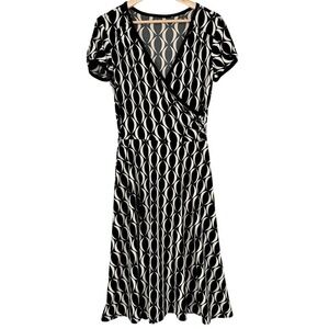 Womens Black White Retro Optical Faux Wrap V-Neck A-Line Dress Knee S 60s Art
